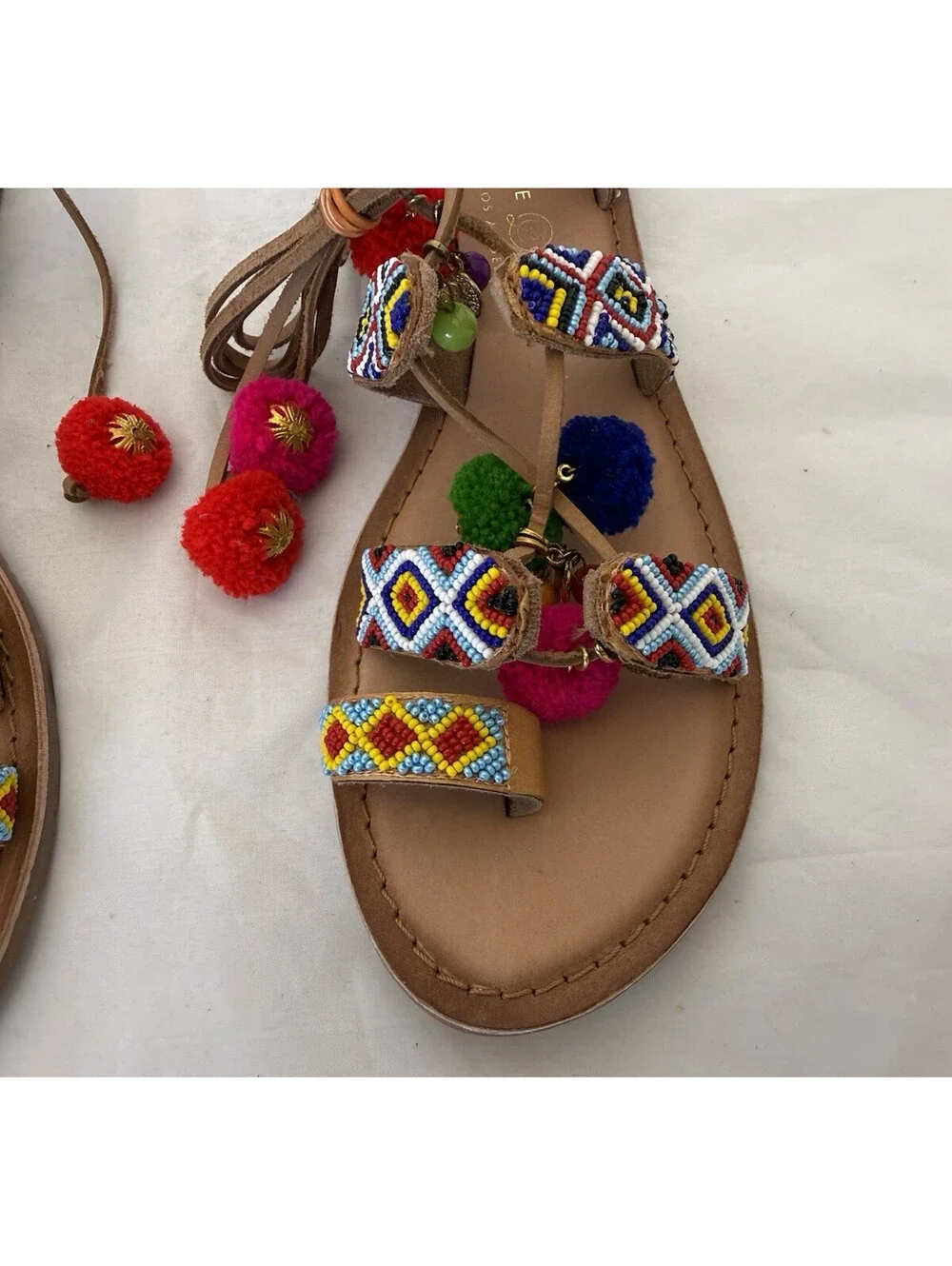 NEW Chinese Laundry Posh Boho Sandals Size 10 Beaded Pom Poms Coins Gladiator